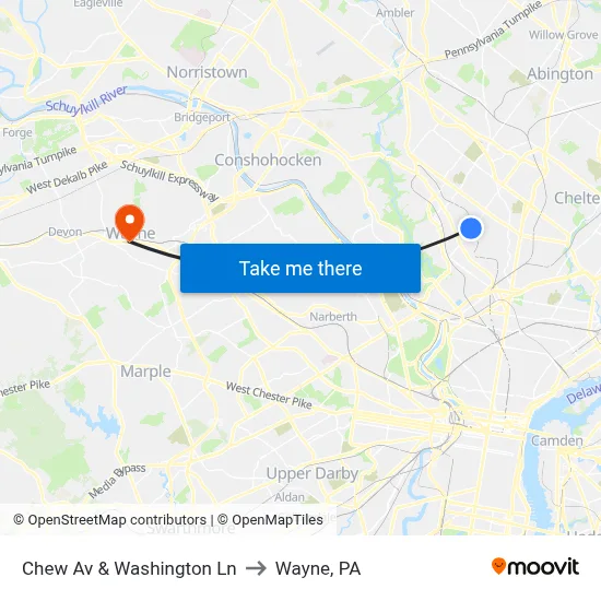 Chew Av & Washington Ln to Wayne, PA map