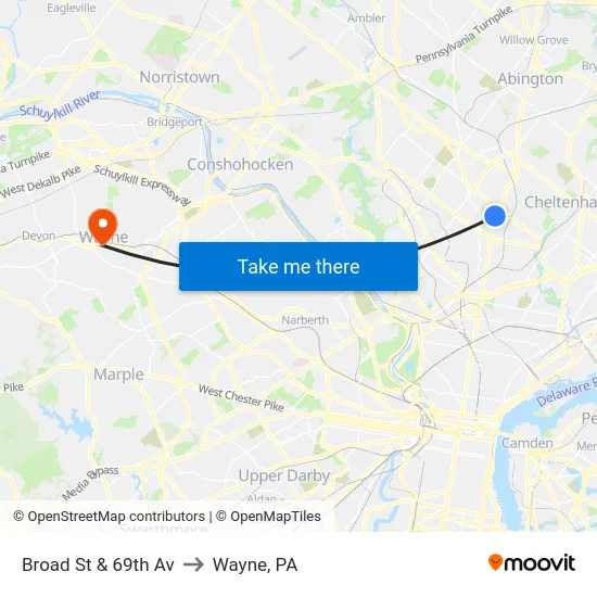 Broad St & 69th Av to Wayne, PA map