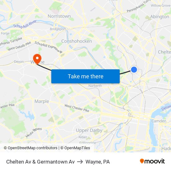 Chelten Av & Germantown Av to Wayne, PA map