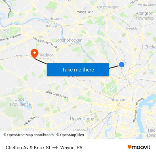 Chelten Av & Knox St to Wayne, PA map
