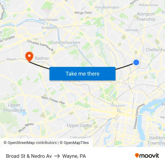 Broad St & Nedro Av to Wayne, PA map