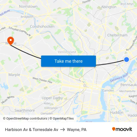 Harbison Av & Torresdale Av to Wayne, PA map