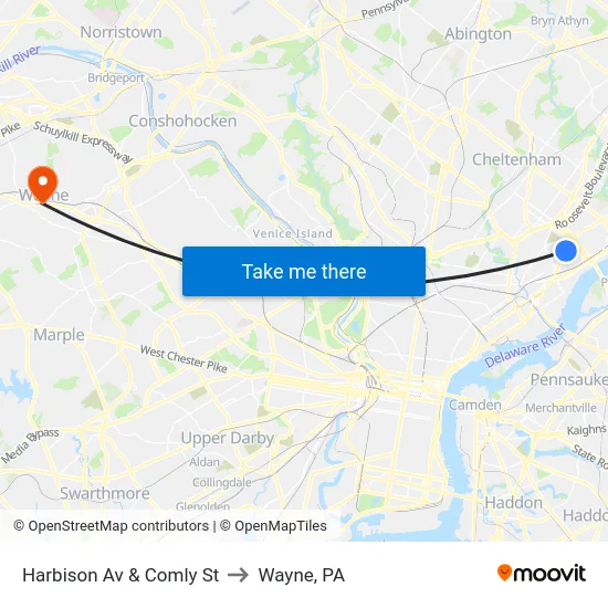 Harbison Av & Comly St to Wayne, PA map