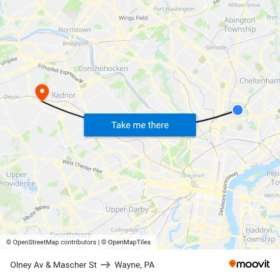 Olney Av & Mascher St to Wayne, PA map