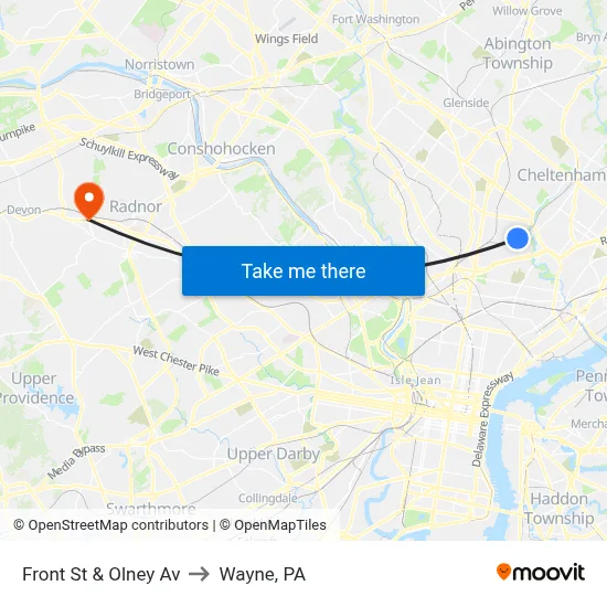 Front St & Olney Av to Wayne, PA map