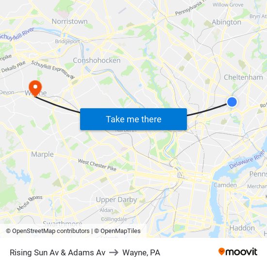 Rising Sun Av & Adams Av to Wayne, PA map