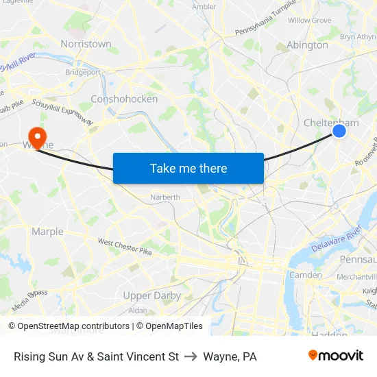 Rising Sun Av & Saint Vincent St to Wayne, PA map
