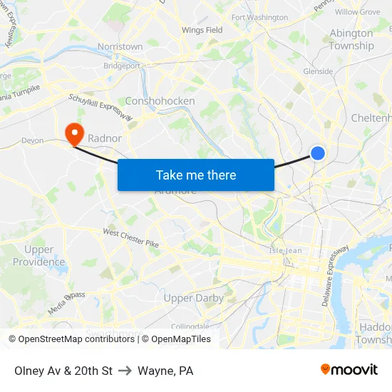 Olney Av & 20th St to Wayne, PA map