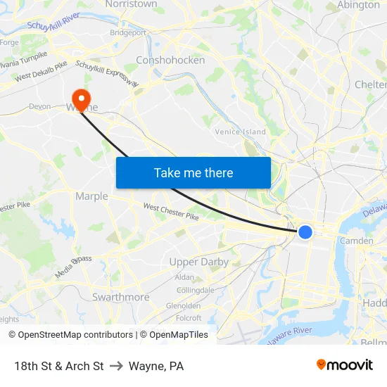 18th St & Arch St to Wayne, PA map