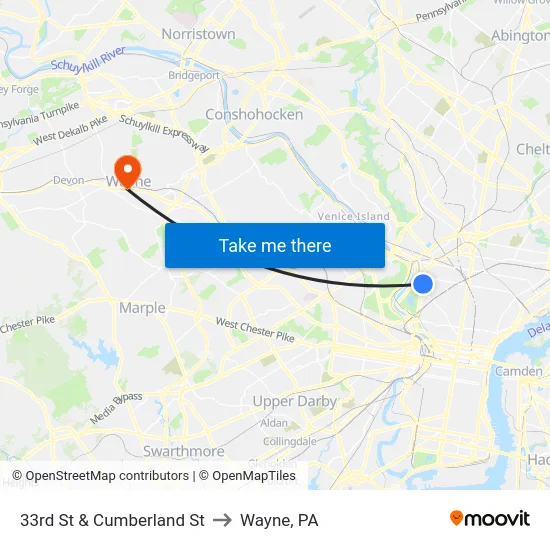 33rd St & Cumberland St to Wayne, PA map