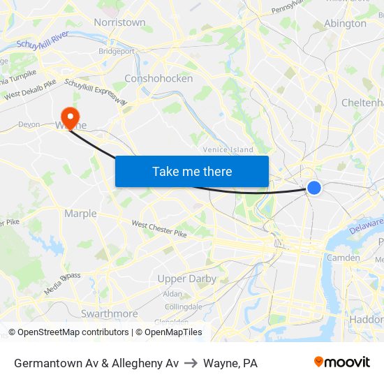 Germantown Av & Allegheny Av to Wayne, PA map
