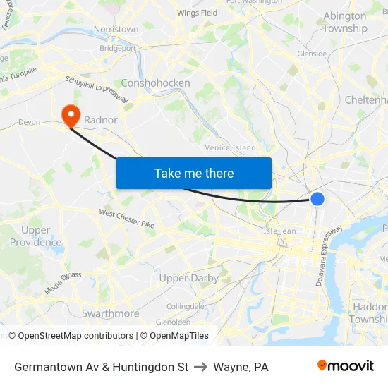 Germantown Av & Huntingdon St to Wayne, PA map