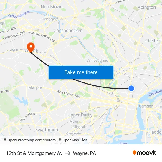 12th St & Montgomery Av to Wayne, PA map