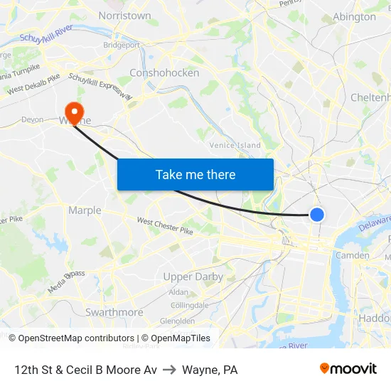 12th St & Cecil B Moore Av to Wayne, PA map