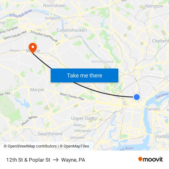 12th St & Poplar St to Wayne, PA map
