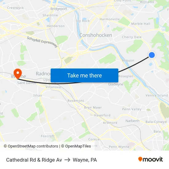 Cathedral Rd & Ridge Av to Wayne, PA map