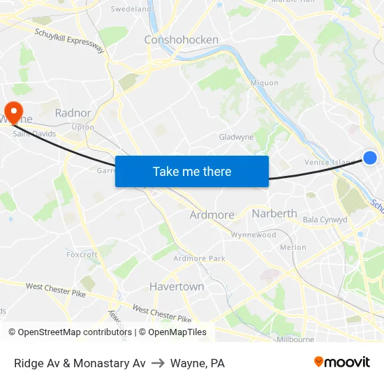 Ridge Av & Monastary Av to Wayne, PA map