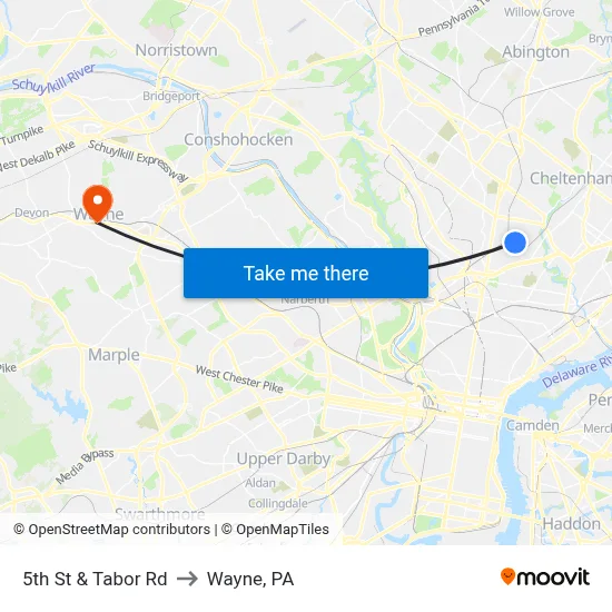 5th St & Tabor Rd to Wayne, PA map