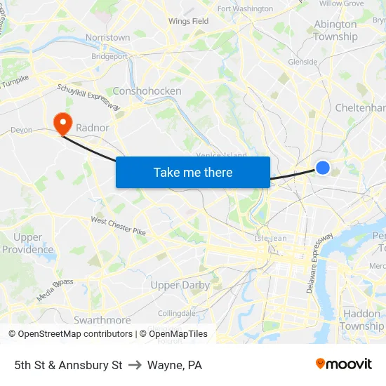5th St & Annsbury St to Wayne, PA map