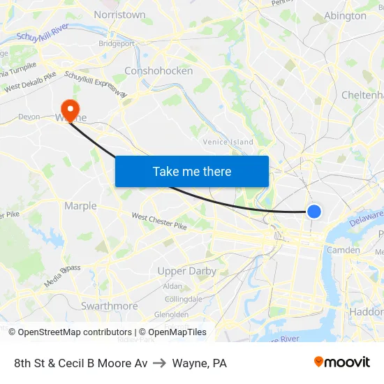 8th St & Cecil B Moore Av to Wayne, PA map
