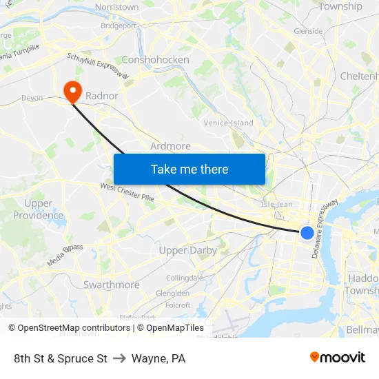 8th St & Spruce St to Wayne, PA map