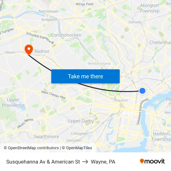 Susquehanna Av & American St to Wayne, PA map