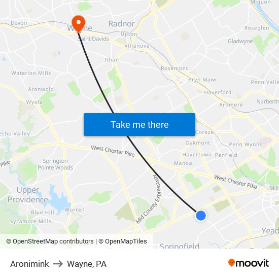 Aronimink to Wayne, PA map