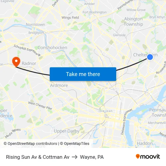 Rising Sun Av & Cottman Av to Wayne, PA map