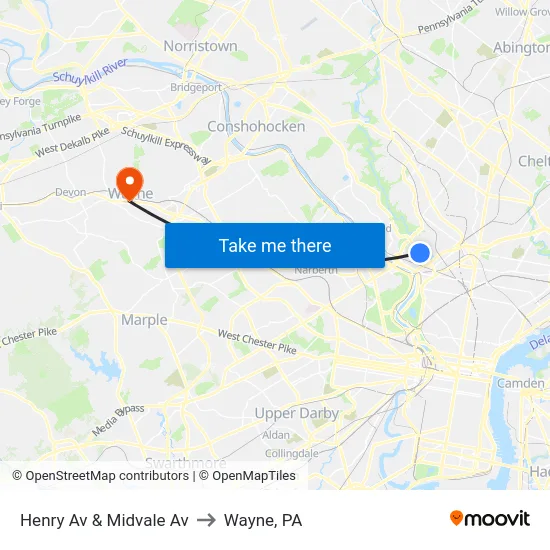 Henry Av & Midvale Av to Wayne, PA map