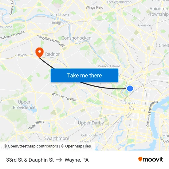 33rd St & Dauphin St to Wayne, PA map