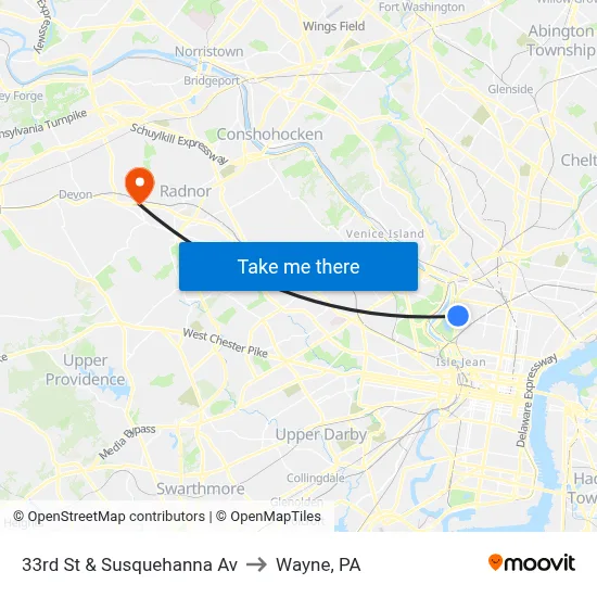 33rd St & Susquehanna Av to Wayne, PA map