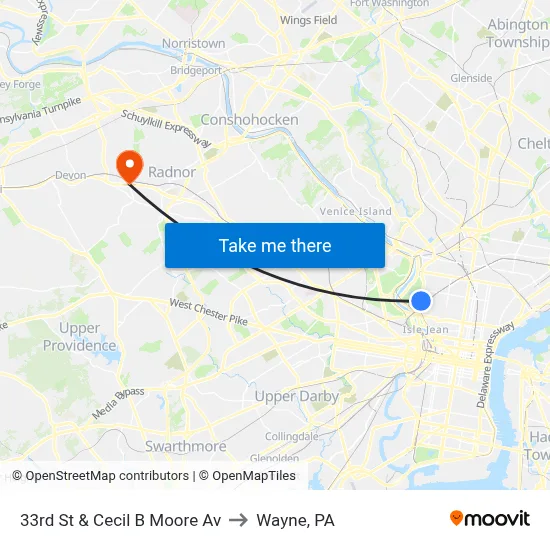 33rd St & Cecil B Moore Av to Wayne, PA map