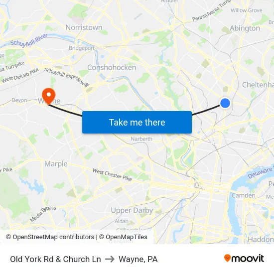 Old York Rd & Church Ln to Wayne, PA map