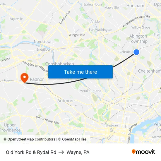 Old York Rd & Rydal Rd to Wayne, PA map