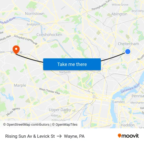 Rising Sun Av & Levick St to Wayne, PA map