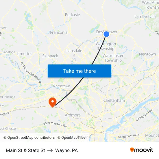 Main St & State St to Wayne, PA map