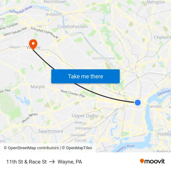 11th St & Race St to Wayne, PA map