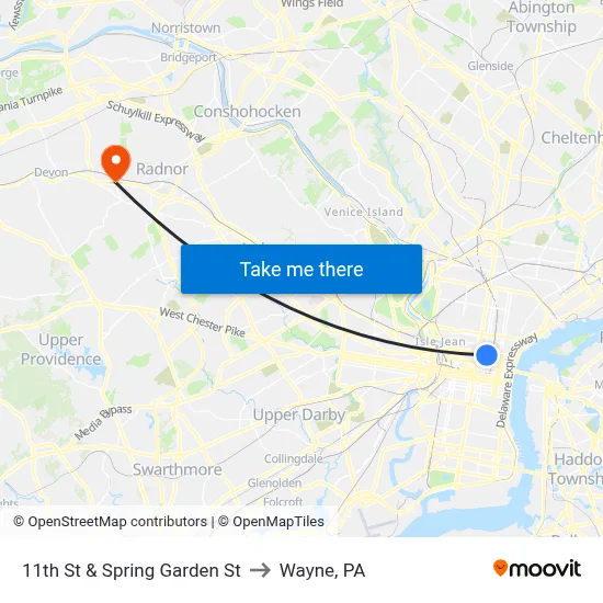11th St & Spring Garden St to Wayne, PA map