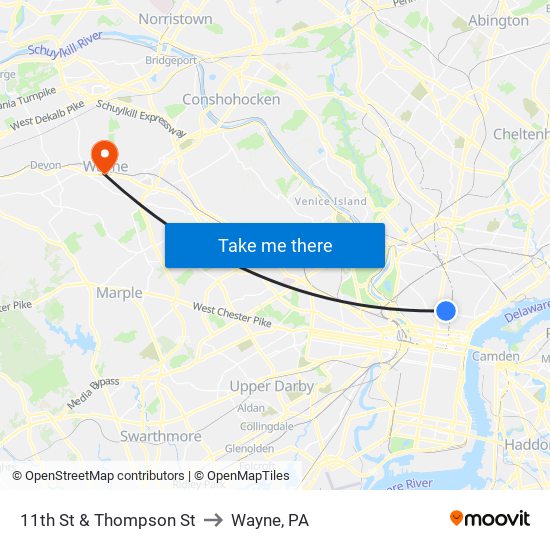 11th St & Thompson St to Wayne, PA map