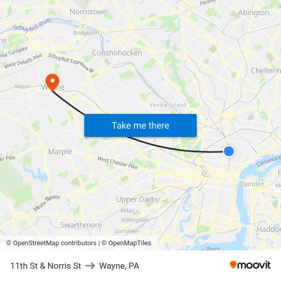11th St & Norris St to Wayne, PA map