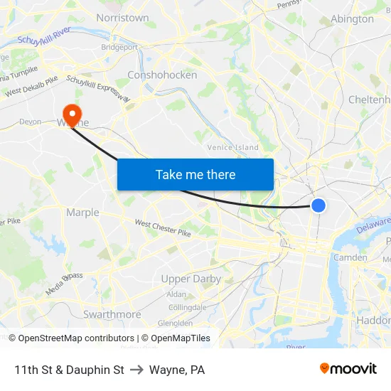 11th St & Dauphin St to Wayne, PA map