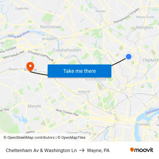 Cheltenham Av & Washington Ln to Wayne, PA map