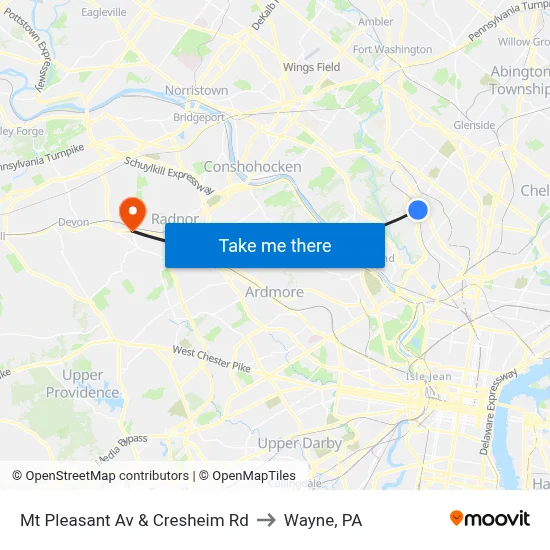 Mt Pleasant Av & Cresheim Rd to Wayne, PA map