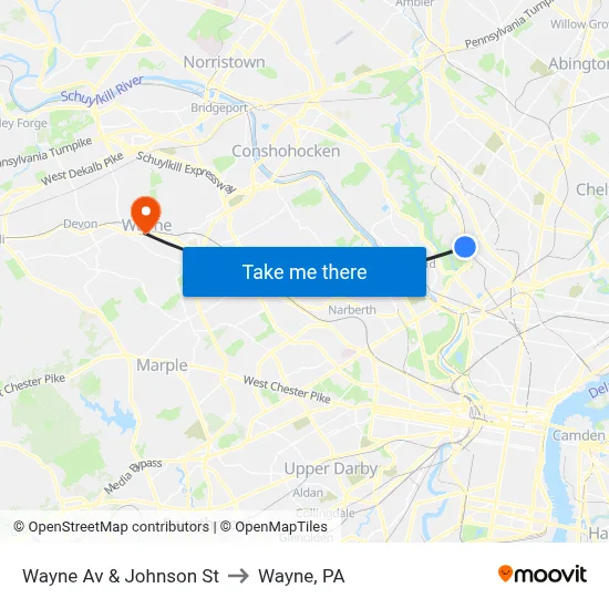 Wayne Av & Johnson St to Wayne, PA map