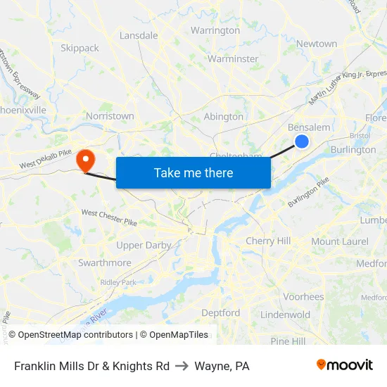 Franklin Mills Dr & Knights Rd to Wayne, PA map
