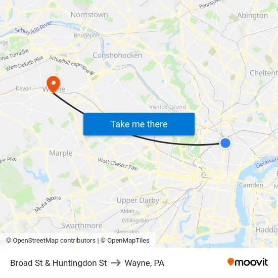 Broad St & Huntingdon St to Wayne, PA map
