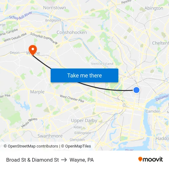 Broad St & Diamond St to Wayne, PA map