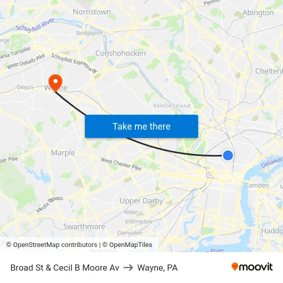 Broad St & Cecil B Moore Av to Wayne, PA map
