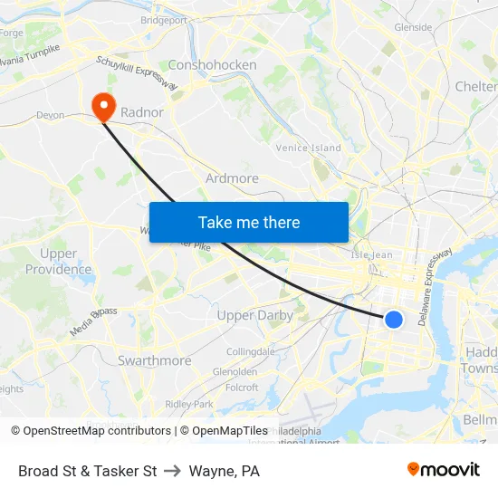 Broad St & Tasker St to Wayne, PA map
