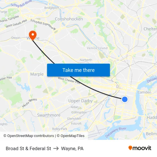 Broad St & Federal St to Wayne, PA map